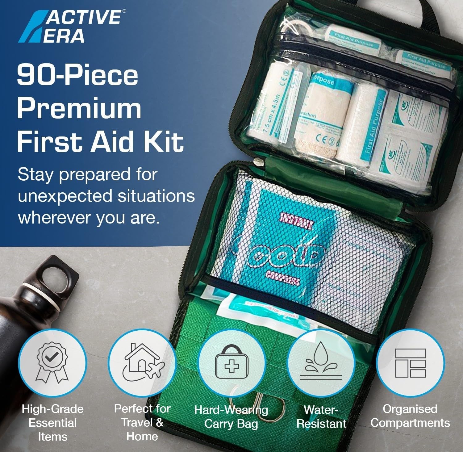 Mini First Aid Kit Bag - 90 Items - Includes Plasters, Eyewash, Gloves, 2 X Cold (Ice) Packs and Emergency Blanket for Kids, Camping, Office, Car, Caravan, Workplace, Travel Home