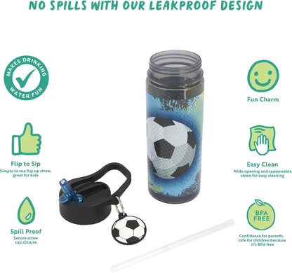 Football 500Ml Kids Water Bottle with Straw - Back to School Supplies, Drinks Bottle with Keyring Charm, Black & White