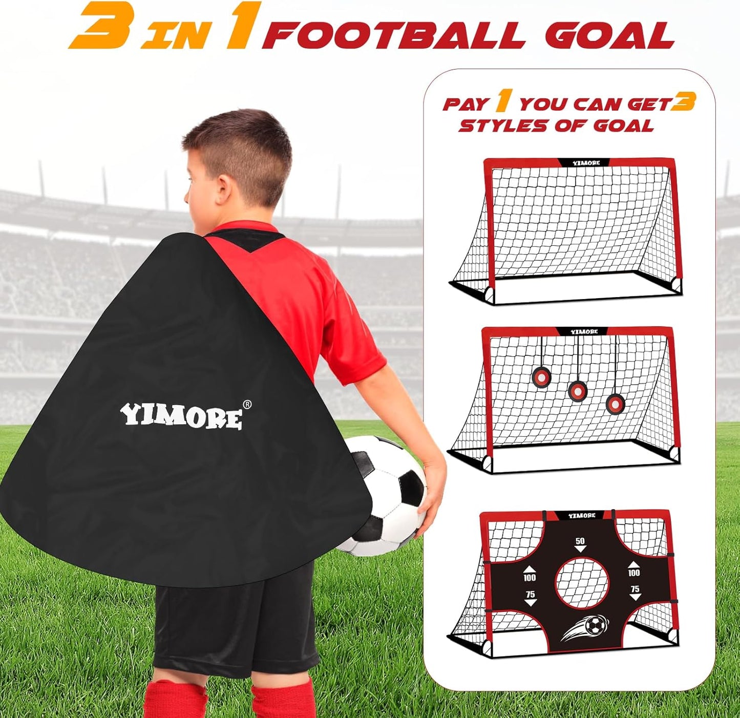 Kids Football Goal Portable, 3 in 1 Mini Football Goal Garden Indoor Outdoor 120 * 90 * 90 Cm, Foldable Football Training with Target Gift for Boys Grils 3+