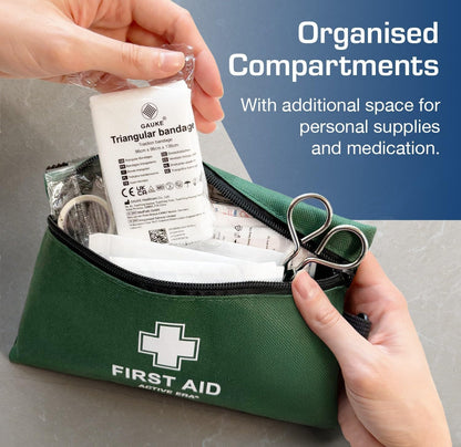 120 Piece Premium First Aid Kit Travel Bag - Includes Bandages and Dressings, Extra-Strong Metal Scissors and Emergency Car Blanket for Home, Office, Caravan, Workplace