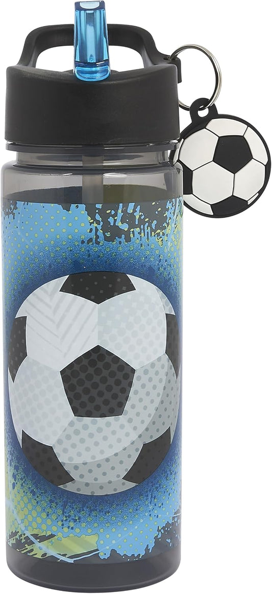 Football 500Ml Kids Water Bottle with Straw - Back to School Supplies, Drinks Bottle with Keyring Charm, Black & White