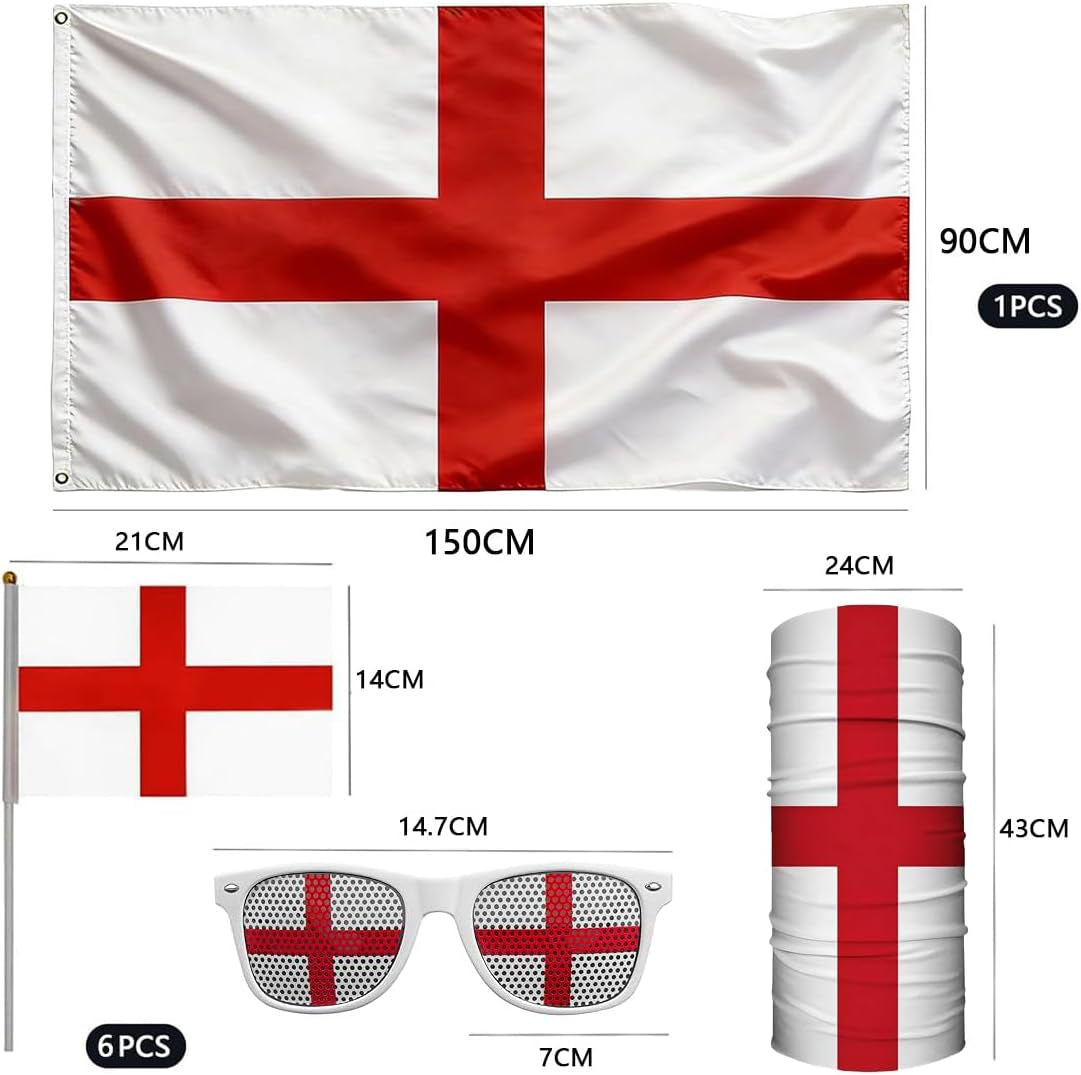 World Cup Decoration Set 2026 for England Fan with Large St Georges Flag 150 × 90Cm, Headwear Glasses Handheld England Flag Sticker for England World Cup Football Theme Party
