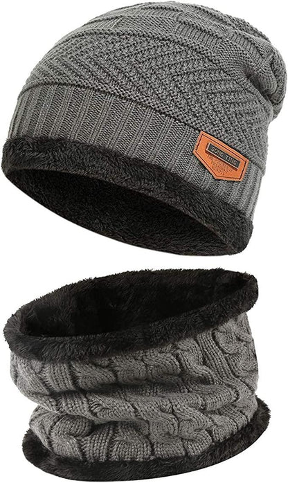 Mens Womens Winter Beanie Hat Scarf Set Warm Knit Hat Thick Fleece