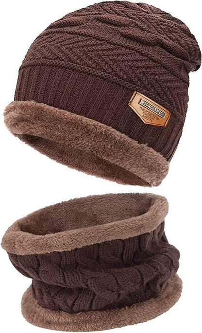 Mens Womens Winter Beanie Hat Scarf Set Warm Knit Hat Thick Fleece